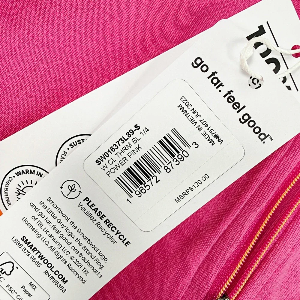 Smartwool Classic Thermal 1/4 Zip Baselayer Top Size S Womens Power Pink NEW - Picture 6 of 9